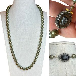 Vintage Black Glass Cameo Olive Green Glass Iridescent Pearl Beaded Necklace